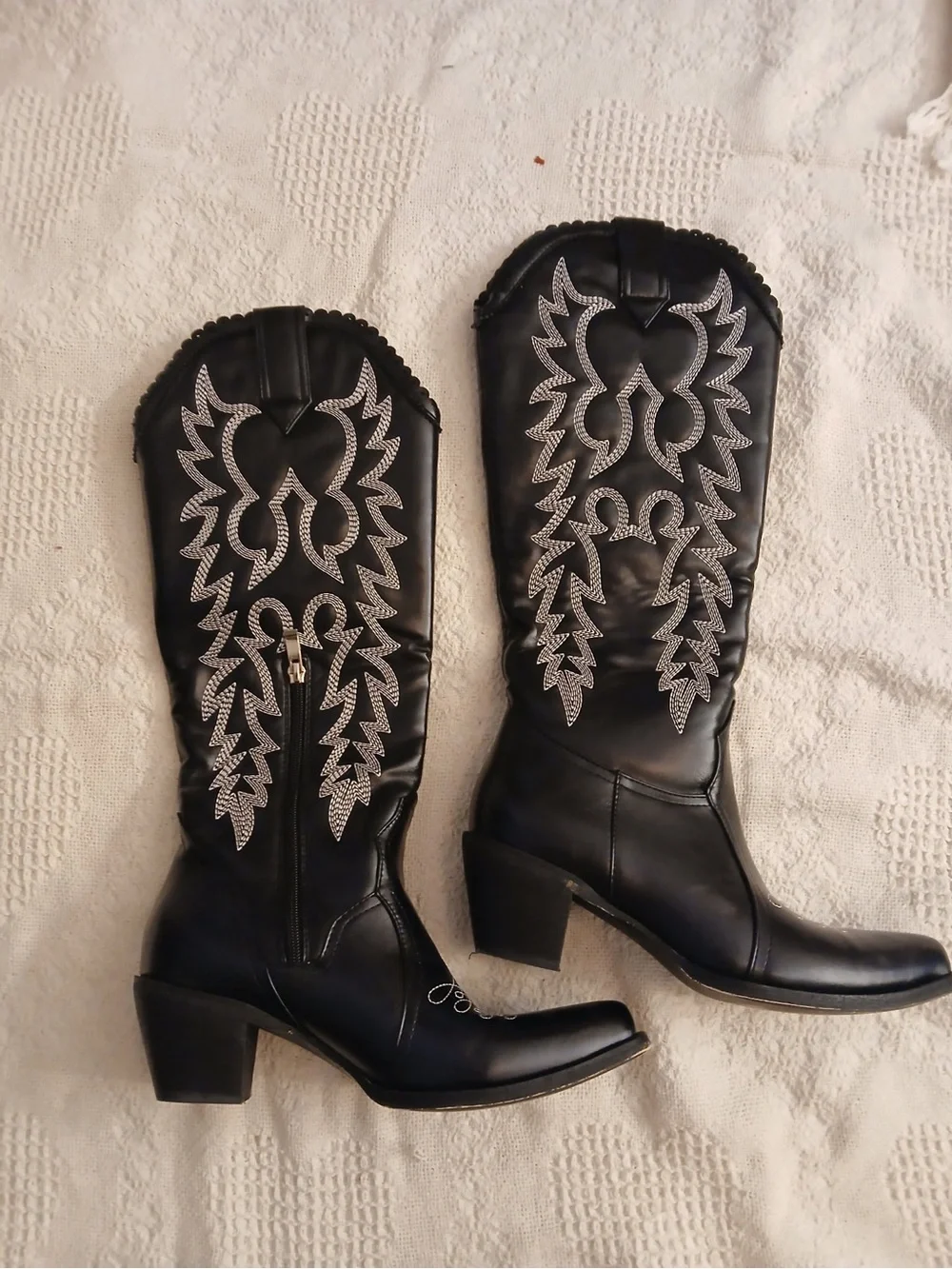 Black Embroidered Knee-High Western Boots - Women